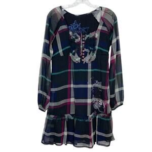 NWOT DESIGUAL Dress EU38/US8 Plaid Chiffon Embroidery Ruffle Raw-Hem Long-Sleeve